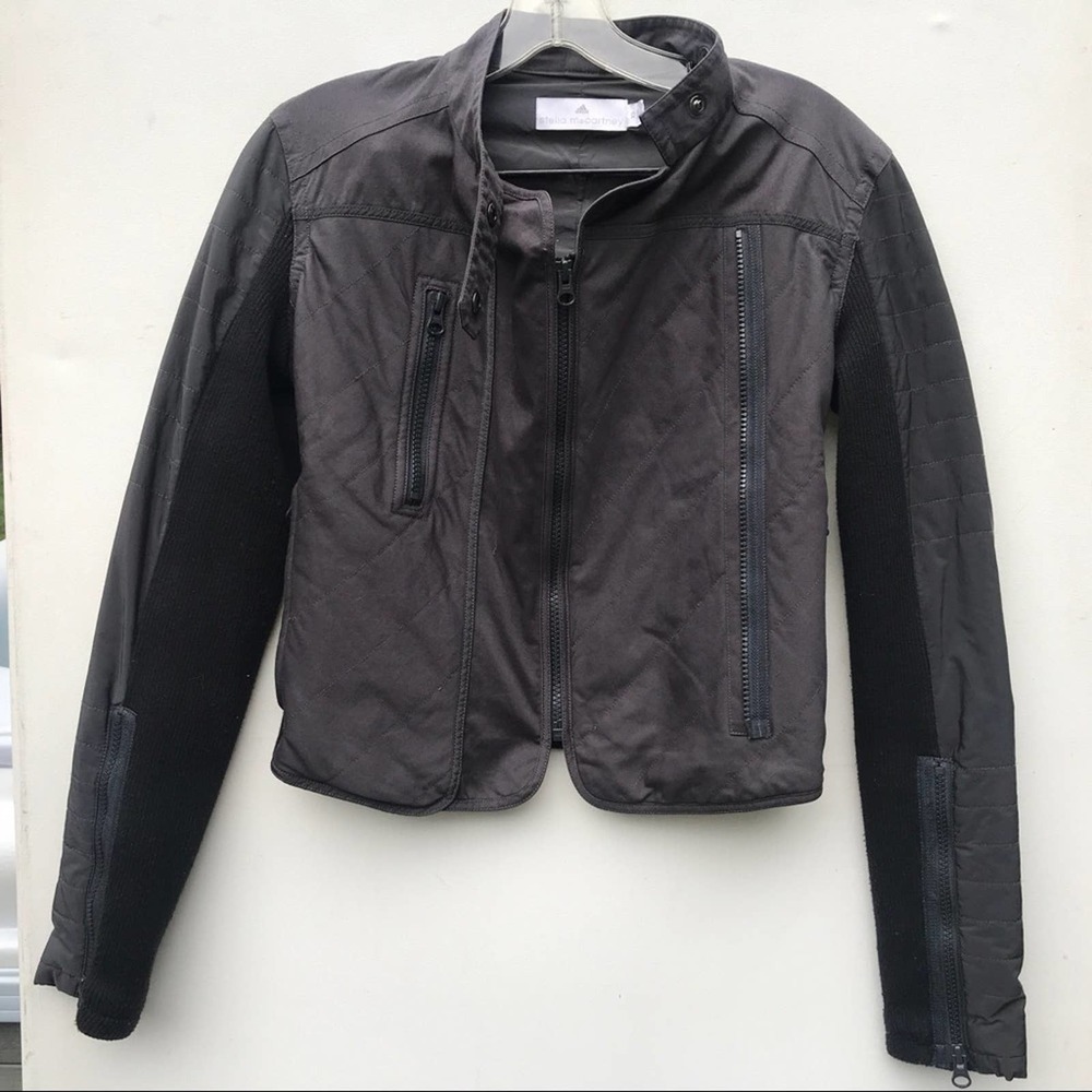 🚩FADED SHOULDERS Adidas Stella McCartney Moto jacket xs crop black biker - Picture 5 of 8